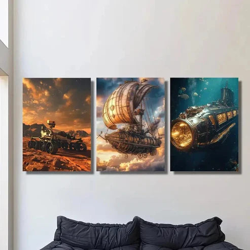 3pcs Mars Rover Steampunk Airship And Submarine Wall Art Canvas Unframed - High Quality Print 100% Australian Made Wall Canvas