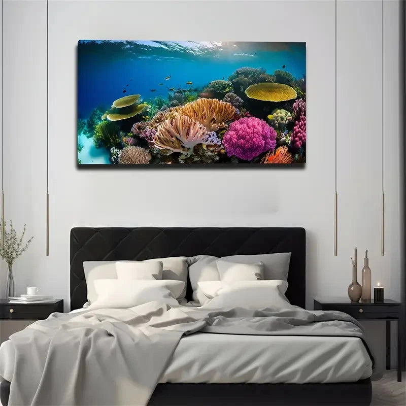 Vibrant Coral Reef Scene Wall Art Canvas Office Home Room Framed 120x60cm