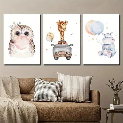 3pcs Cute Owl Car Giraffe and Balloon Hippo Wall Art Set Canvas Unframed - High Quality Print 100% Australian Made Wall Canvas - Bella Home Decor
