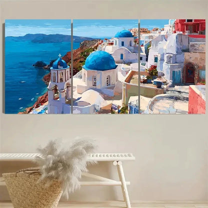 3pcs Santorini Greece Coastal, Europe Cityscape Wall Art Set Canvas Framed 60x90cm - High Quality Print 100% Australian Made Wall Canvas Ready to Hang