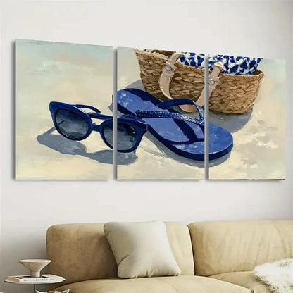 3pcs Navy Blue Glasses And Beach Flip Flops Wall Art Set Canvas Framed 50x70cm - High Quality Print 100% Australian Made Wall Canvas Ready to Hang