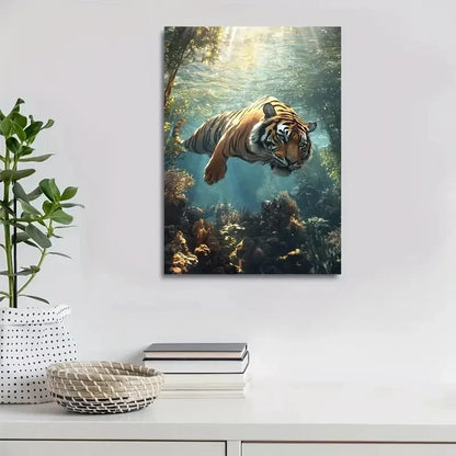 Realistic Tiger Swinging Underwater In Coral Painting 40x60cm Metal Print Ready to Hang - Bella Home Decor