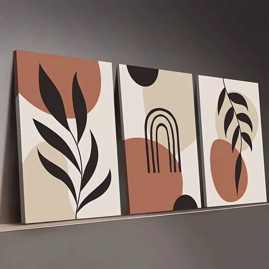 3pcs Bohemian Modern Abstract Graphic Leaf Black Wall Art Set Canvas Framed 50x70cm - High Quality Print 100% Australian Made Wall Canvas Ready to Hang
