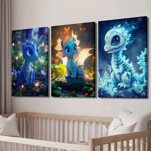 3pcs Dragon Dinosaur in the Forest Wall Art Set Canvas Unframed - High Quality Print 100% Australian Made Wall Canvas - Bella Home Decor