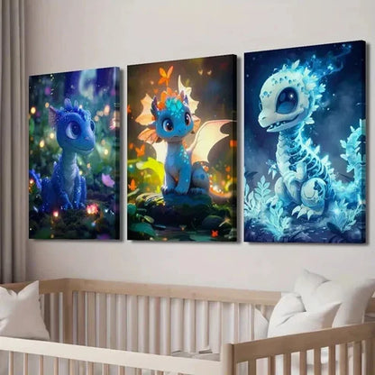 3pcs Dragon Dinosaur in the Forest Wall Art Set Canvas Unframed - High Quality Print 100% Australian Made Wall Canvas - Bella Home Decor