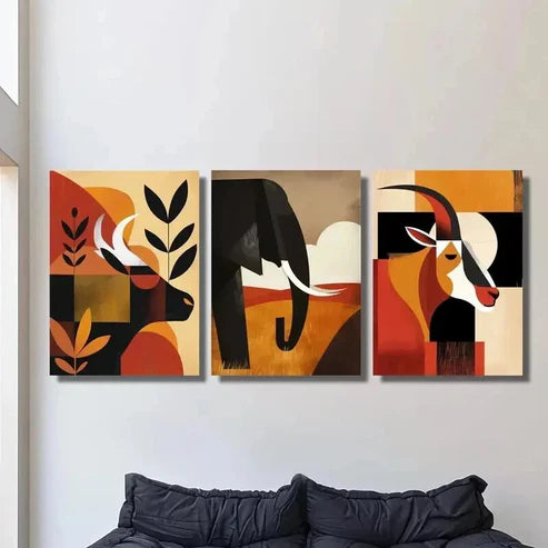 3pcs Cattle Goat & Elephant Geometric Design Wall Art Set Canvas Unframed - High Quality Print 100% Australian Made Wall Canvas - Bella Home Decor