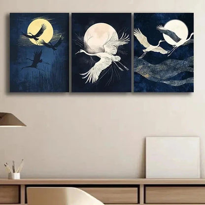 3pcs Cranes Fly Under the Moon Nature Perfect Wall Art Set Canvas Unframed - High Quality Print 100% Australian Made Wall Canvas - Bella Home Decor