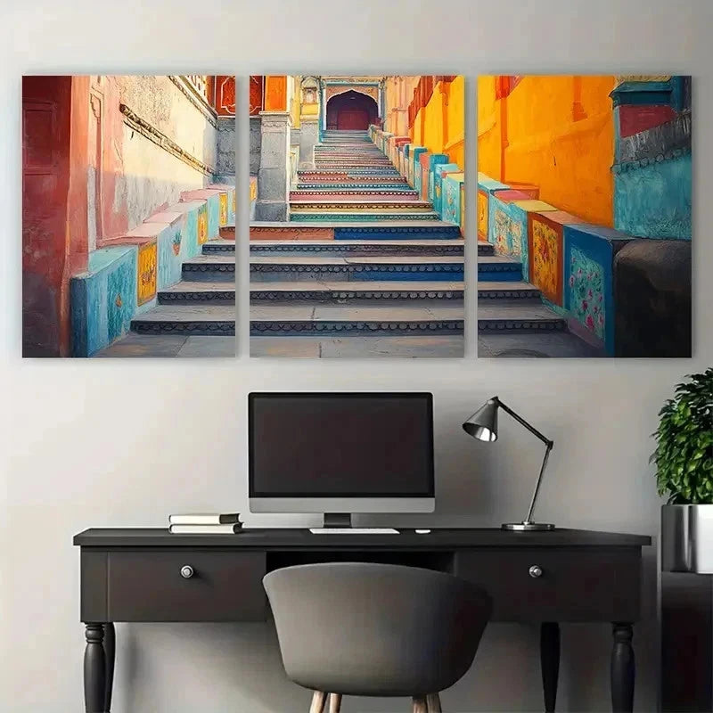 3pcs Vintage Delhi Aesthetic Vibrant Perfect Wall Art Set Canvas Framed 50x70cm - High Quality Print 100% Australian Made Wall Canvas Ready to Hang