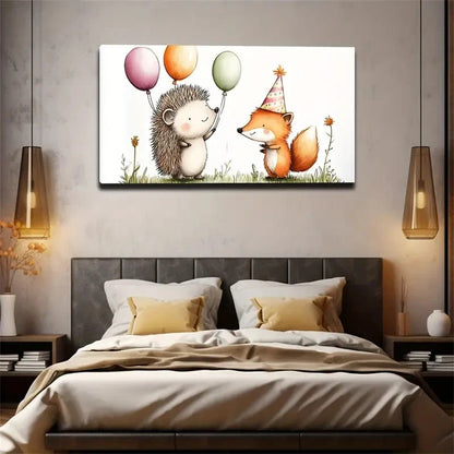 Whimsical Hedgehog & Fox Wall Art Canvas Office Home Room Framed 120x60cm