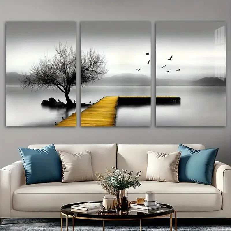 3pcs Seaside Birds and Trees Golden Black Metal Print Ready to Hang Art - Bella Home Decor