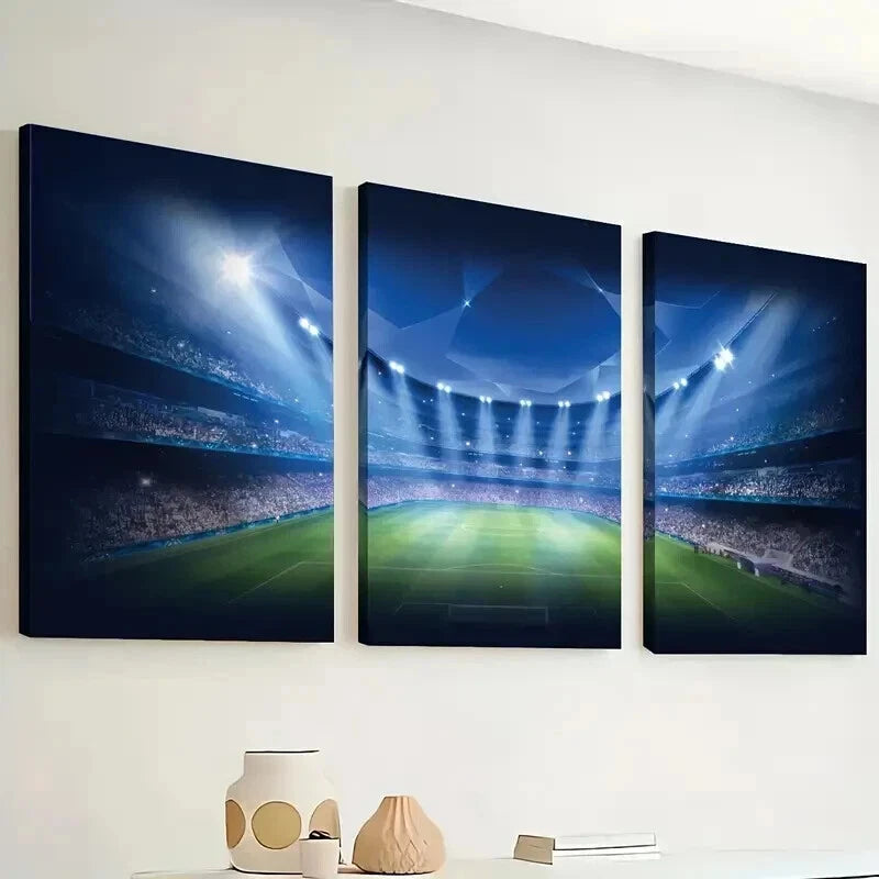 3pcs Spotlighted Playing Field Football Perfect Wall Art Set Canvas Framed 50x70cm - High Quality Print 100% Australian Made Wall Canvas Ready to Hang - Bella Home Decor