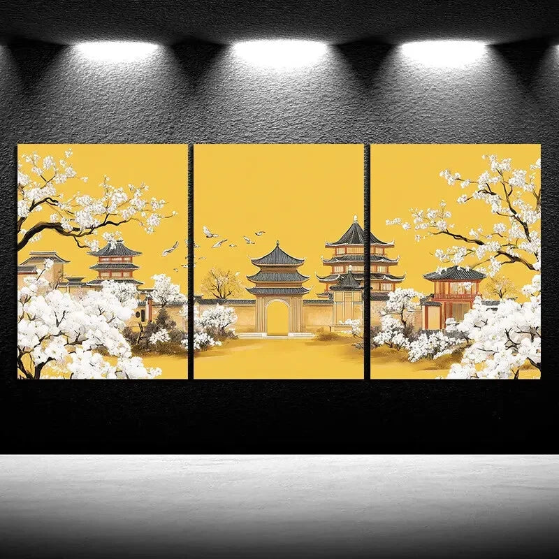 3pcs Architecture And Plum Blossoms Metal Print Ready to Hang Art - Bella Home Decor