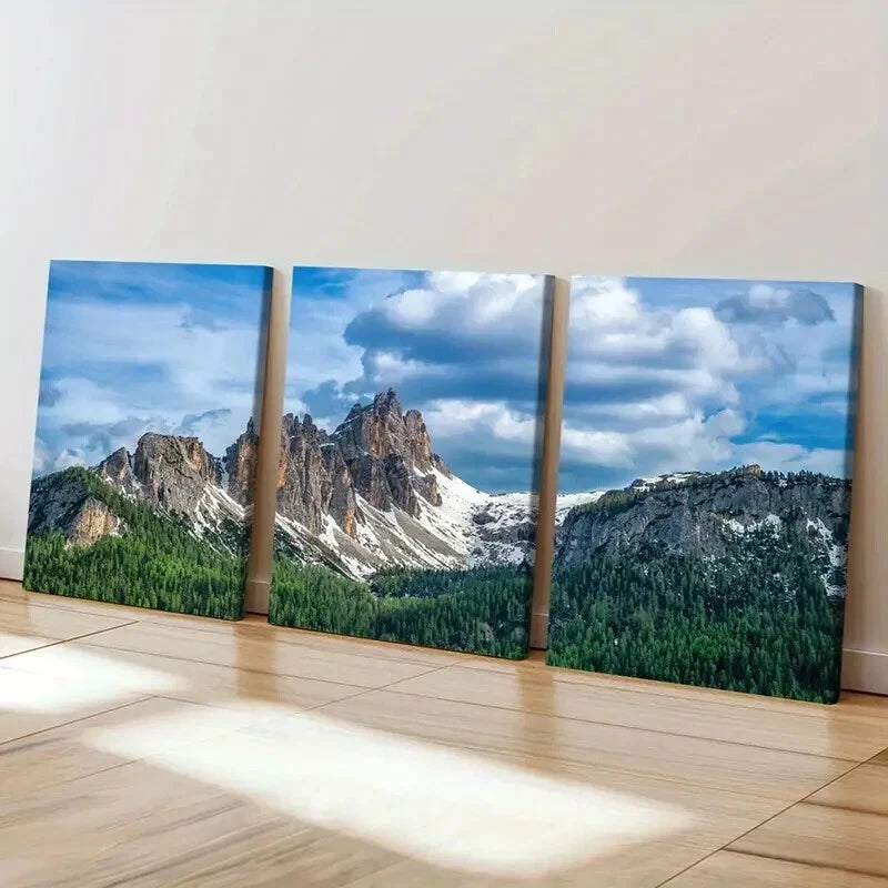 3pcs Snow Mountain Blue Sky & White Clouds Wall Art Set Canvas Framed 40x60cm - High Quality Print 100% Australian Made Wall Canvas Ready to Hang - Bella Home Decor