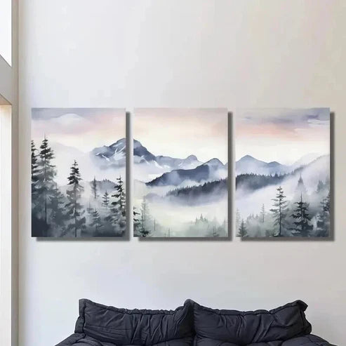 3pcs Blue Snow Mountain Valley Forest Wall Art Set Canvas Unframed - High Quality Print 100% Australian Made Wall Canvas - Bella Home Decor