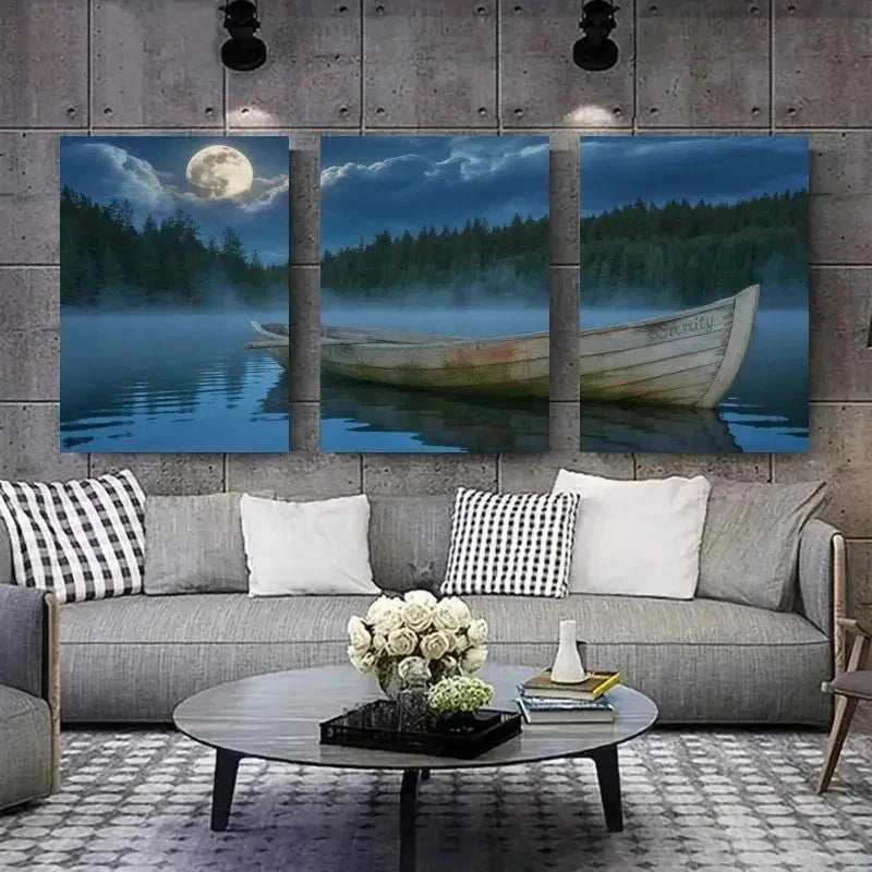 3pcs Moon, Rowboat, Pine Trees Wall Art Set Canvas Framed 60x90cm - High Quality Print 100% Australian Made Wall Canvas Ready to Hang