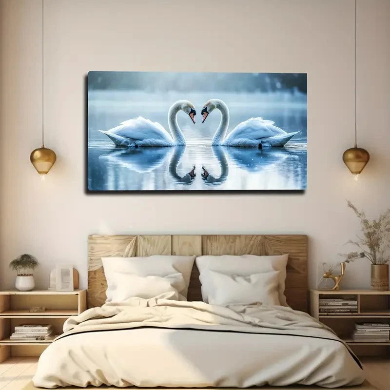 Swans In Heart Shape Wall Art canvas office home room framed 120x60cm