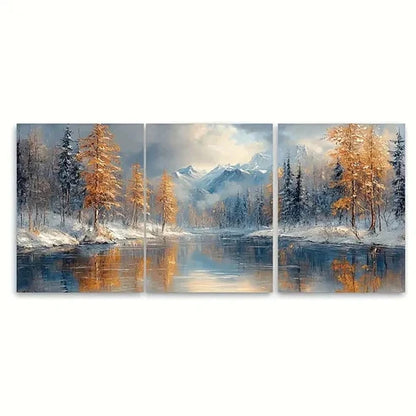 3pcs Winter River Oil Painting EK Wall Art Set Canvas Unframed - High Quality Print 100% Australian Made Wall Canvas - Bella Home Decor