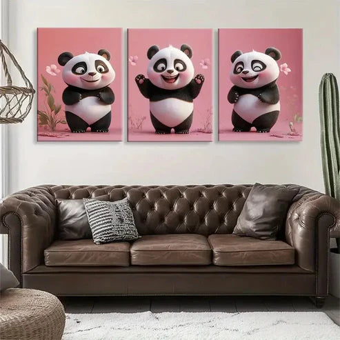 3pcs Pink Background Playful Panda Perfect Wall Art Set Canvas Unframed - High Quality Print 100% Australian Made Wall Canvas