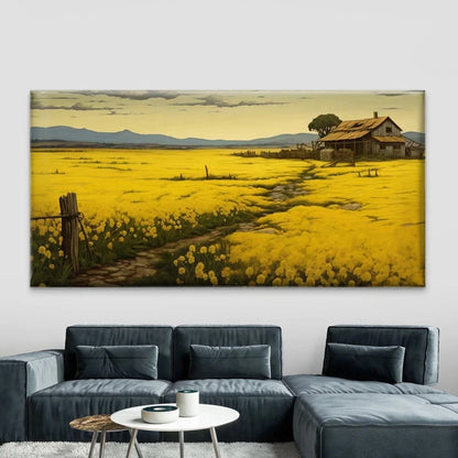 Flower Field & Rustic Farmhouse Wall Art Canvas Office Home Room Framed 120x60cm