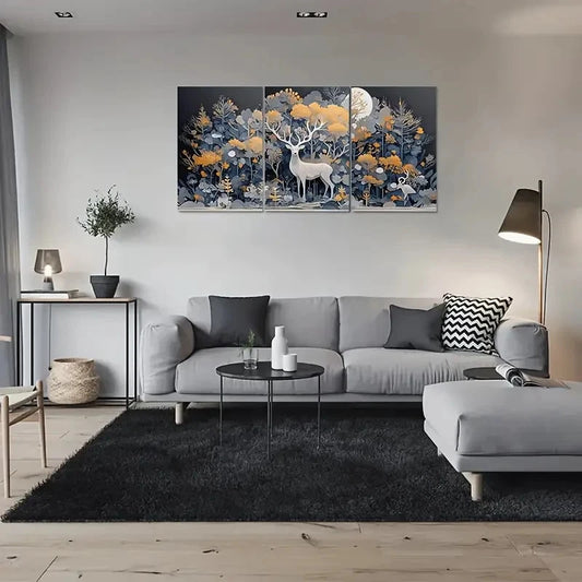 3pcs Enchanted Forest Moonlit Deer Wall Art Set Canvas Framed 60x90cm - High Quality Print 100% Australian Made Wall Canvas Ready to Hang