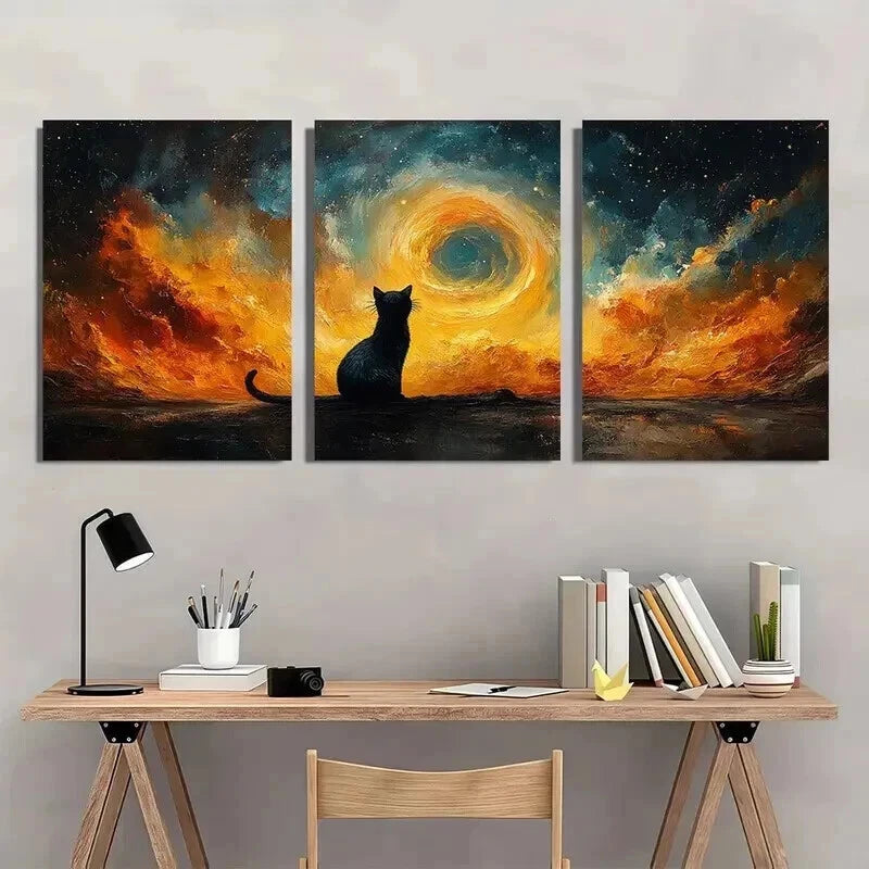3pcs Vibrant for Galaxy & Nebula Cosmic Cat Wall Art Set Canvas Framed 40x60cm - High Quality Print 100% Australian Made Wall Canvas Ready to Hang - Bella Home Decor