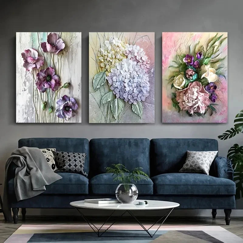 3pcs Modern Flowers Purple Green Leaves Metal Print Ready to Hang Art - Bella Home Decor