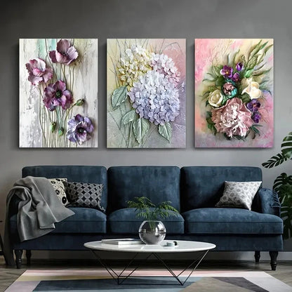3pcs Modern Flowers Purple Green Leaves Metal Print Ready to Hang Art - Bella Home Decor
