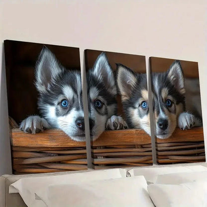 3pcs Adorable Husky Puppies Animal Themed Wall Art Set Canvas Framed 40x60cm - High Quality Print 100% Australian Made Wall Canvas Ready to Hang - Bella Home Decor