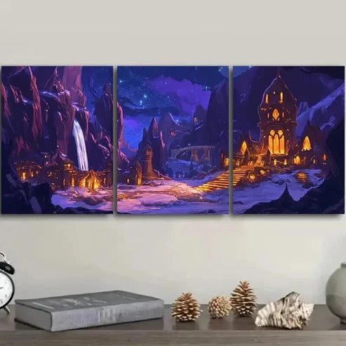 3pcs Ancient Mountain City Dark Colorful Perfect Wall Art Set Canvas Unframed - High Quality Print 100% Australian Made Wall Canvas - Bella Home Decor