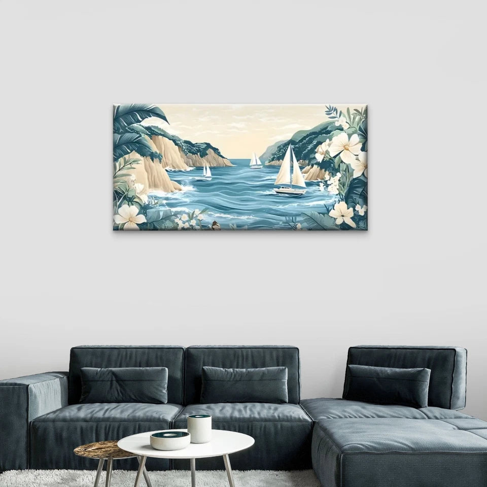 Tropical Plants Ships Flowers Wall Art Canvas Office Home Room Framed 120x60cm