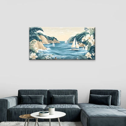 Tropical Plants Ships Flowers Wall Art Canvas Office Home Room Framed 120x60cm