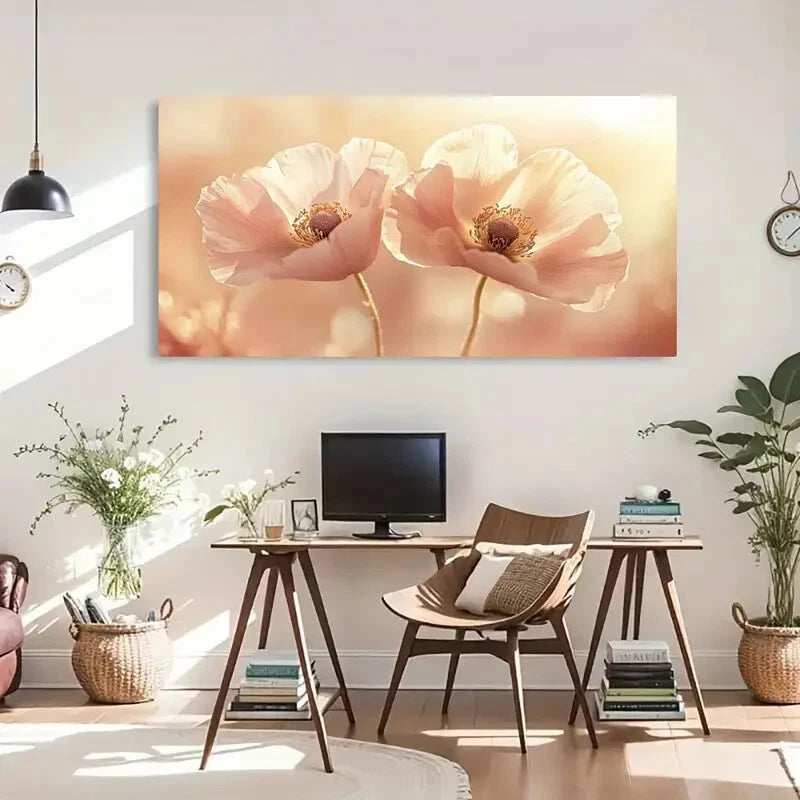 Pink Poppies Floral Pastel Wall Art Canvas Office Home Room Framed 120x60cm - Bella Home Decor