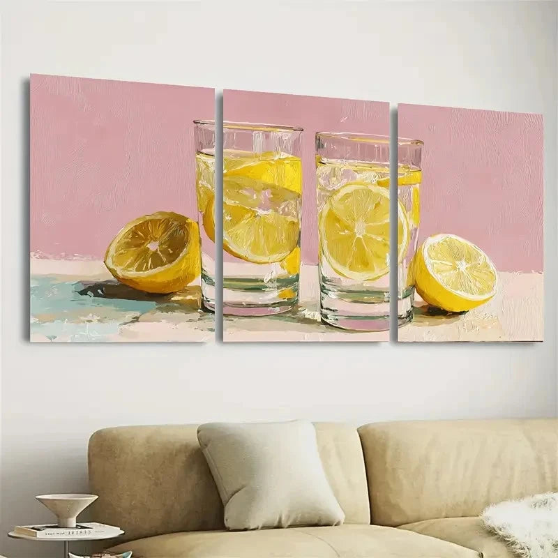 3pcs Lemonade Glasses Light Pink Kitchen Art Wall Art Set Canvas Framed 60x90cm - High Quality Print 100% Australian Made Wall Canvas Ready to Hang