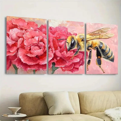 3pcs Realistic Honeybee on Flowers Wall Art Set Canvas Framed 50x70cm - High Quality Print 100% Australian Made Wall Canvas Ready to Hang