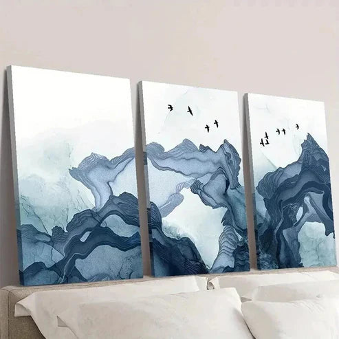 3pcs Soft Blue Smoke Waves and Birds Wall Art Canvas Unframed - High Quality Print 100% Australian Made Wall Canvas