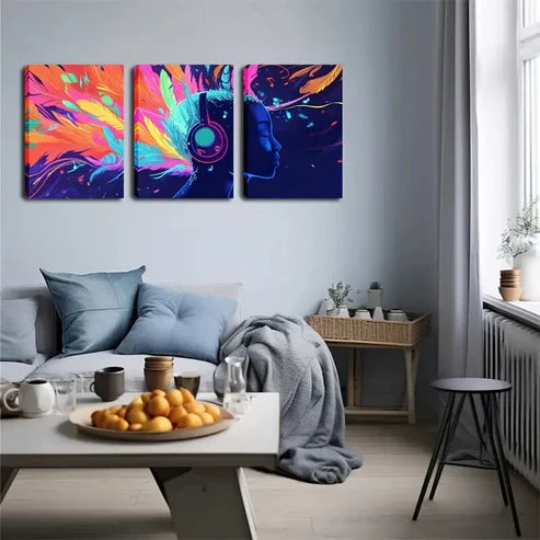 3pcs Vibrant Music Headphones Dreamlike Abstract Wall Art Set Canvas Unframed - High Quality Print 100% Australian Made Wall Canvas
