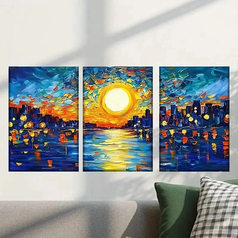 3pcs Painting of a City at Sunset Wall Art Set Canvas Framed 50x70cm - High Quality Print 100% Australian Made Wall Canvas Ready to Hang