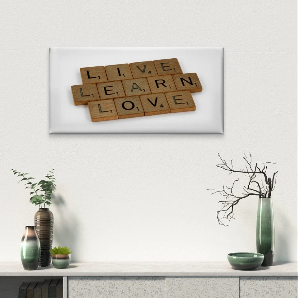 Live, Learn, Love Scrabble Tile Wall Art Canvas Office Home Framed 120x60cm