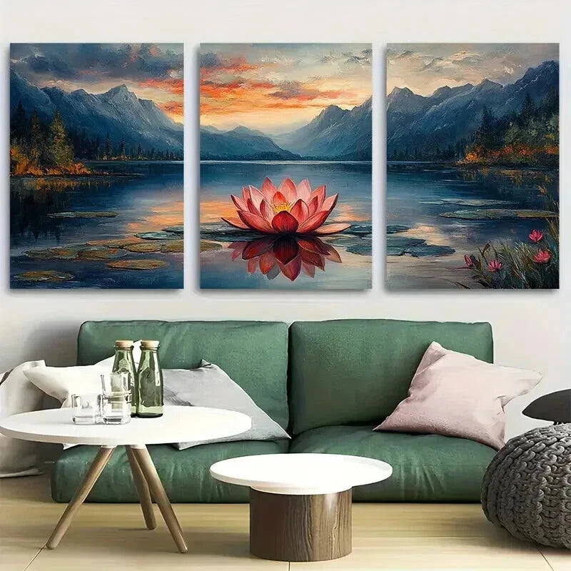 3pcs Lake And Mountains Décor Lotus Perfect Wall Art Set Canvas Framed 50x70cm - High Quality Print 100% Australian Made Wall Canvas Ready to Hang - Bella Home Decor