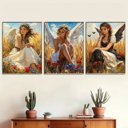 3pcs Enchanting Angel Girls in Wheat Field Wall Art Set Wall Art Canvas Unframed - High Quality Print 100% Australian Made Wall Canvas