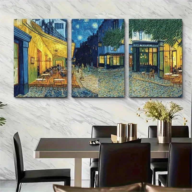 3pcs Impressionist Night Cafe Scene Perfect Wall Art Set Canvas Framed 50x70cm - High Quality Print 100% Australian Made Wall Canvas Ready to Hang