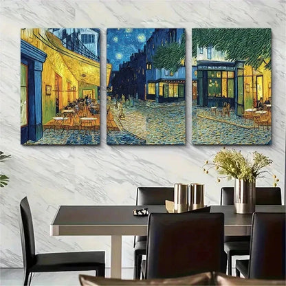 3pcs Impressionist Night Cafe Scene Perfect Wall Art Set Canvas Framed 50x70cm - High Quality Print 100% Australian Made Wall Canvas Ready to Hang