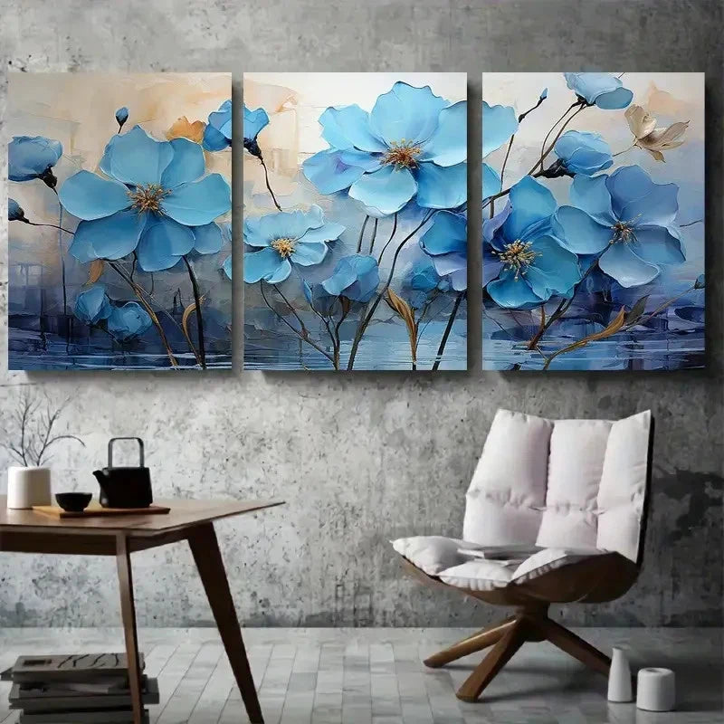 3pcs Blue Flowers and Golden Accents Metal Print Ready to Hang Art - Bella Home Decor