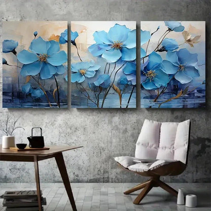 3pcs Blue Flowers and Golden Accents Metal Print Ready to Hang Art - Bella Home Decor