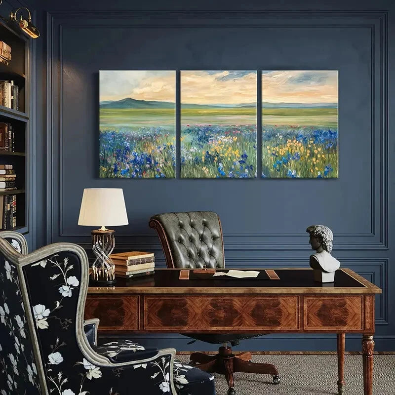 3pcs Landscape Painting Mountain Floral Field Metal Print Ready to Hang Art - Bella Home Decor