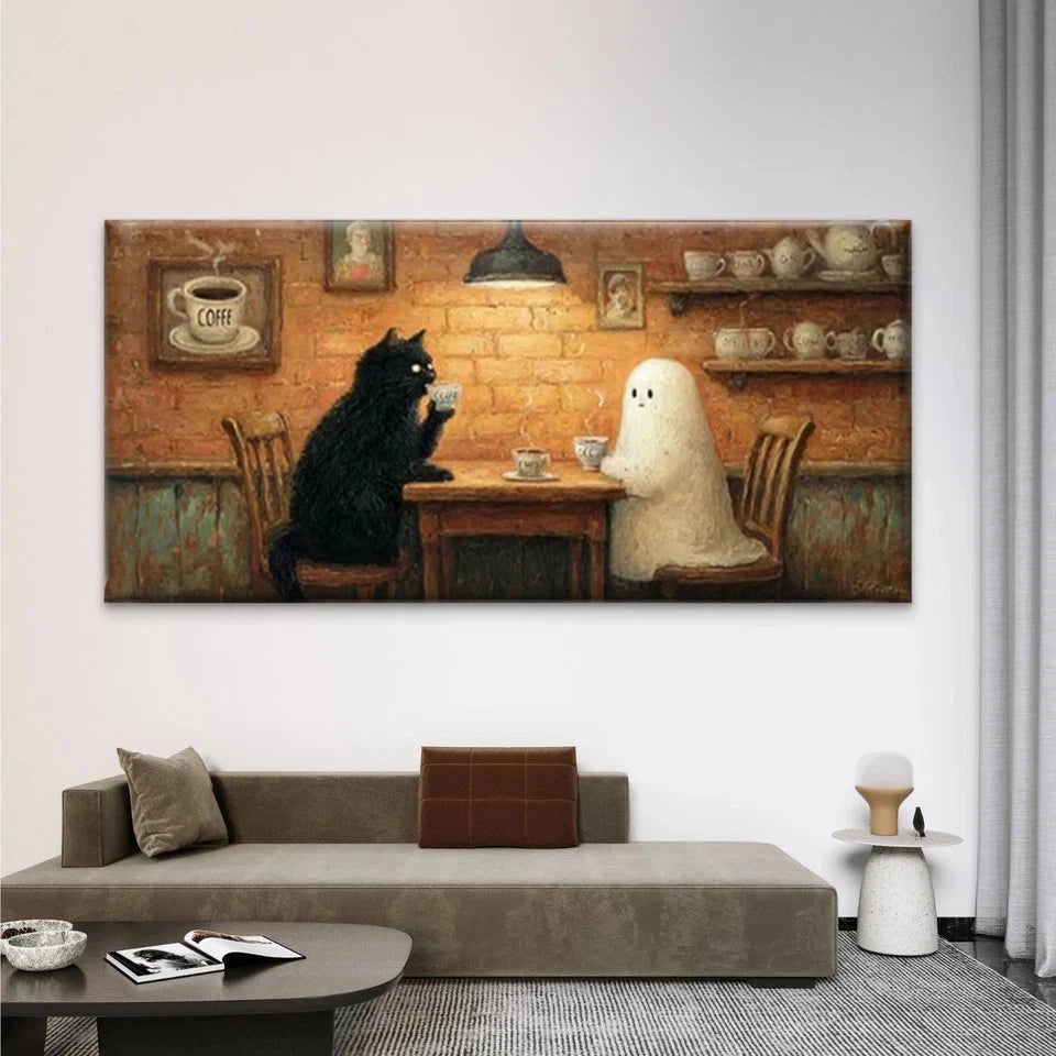 Black Cat & Cute Ghost Wall Art Canvas Office Home Room Framed 120x60cm