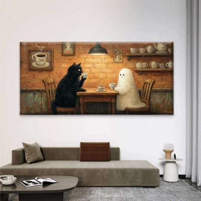 Black Cat & Cute Ghost Wall Art Canvas Office Home Room Framed 120x60cm