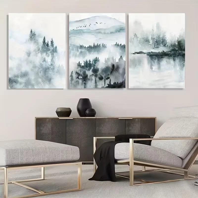 3pcs Misty Forest Lake Mountain Range  Wall Art Set Canvas Framed 50x70cm - High Quality Print 100% Australian Made Wall Canvas Ready to Hang