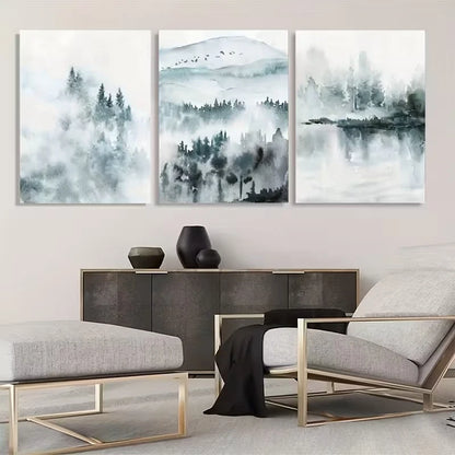 3pcs Misty Forest Lake Mountain Range  Wall Art Set Canvas Framed 50x70cm - High Quality Print 100% Australian Made Wall Canvas Ready to Hang