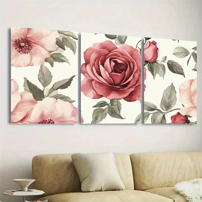 3pcs Pink Roses & Peonies with Green Leaves Wall Art Set Canvas Framed 50x70cm - High Quality Print 100% Australian Made Wall Canvas Ready to Hang - Bella Home Decor